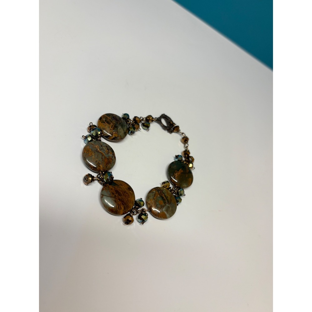Jasper Stone Disc Toggle Bracelet Bronze‎ Tone Green Brown Beaded Chunky